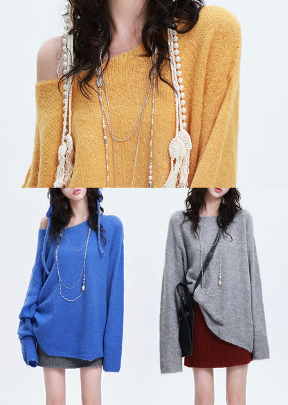 French Yellow Oversized Warm Knit Sweater Tops Winter
