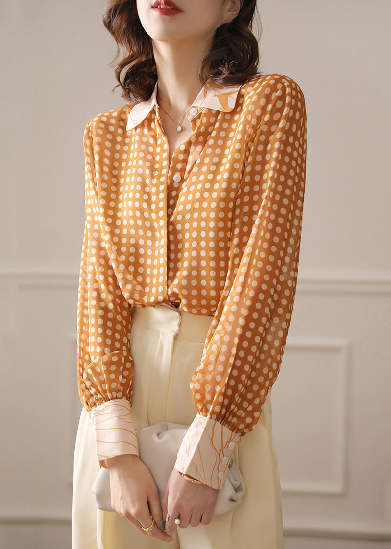 French Yellow Peter Pan Collar Dot Chiffon Blouse Spring
