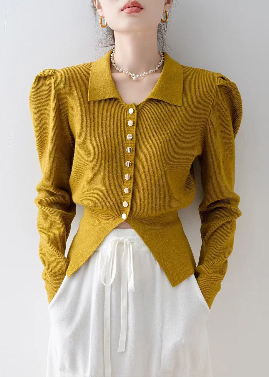 French Yellow Peter Pan Collar Side Open Knit Cardigan Spring