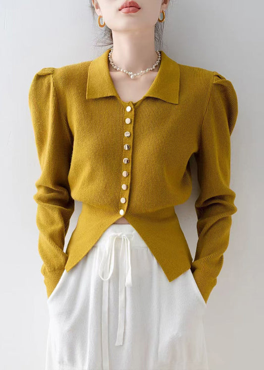French Yellow Peter Pan Collar Side Open Knit Cardigan Spring