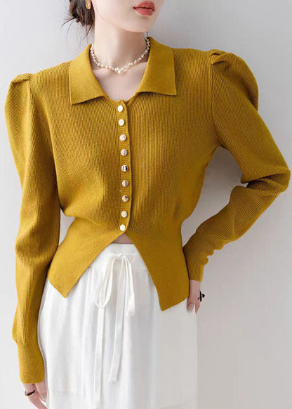 French Yellow Peter Pan Collar Side Open Knit Cardigan Spring