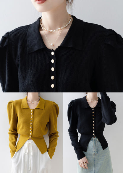 French Yellow Peter Pan Collar Side Open Knit Cardigan Spring