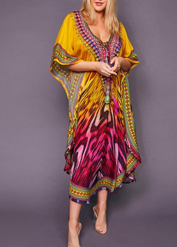 French Yellow Print Beach Gown Summer Dress - SooLinen