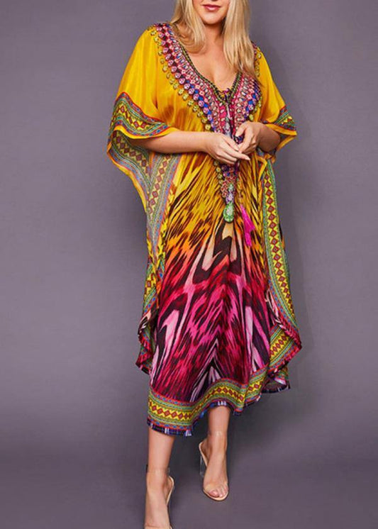 French Yellow Print Beach Gown Summer Dress - SooLinen