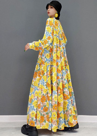 French Yellow Print Exra Large Hem Cotton Maxi Dresses Long Sleeve
