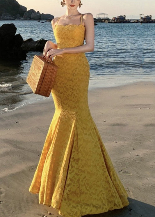 French Yellow Print Maxi Spaghetti Strap Fishtail Dress Sleeveless