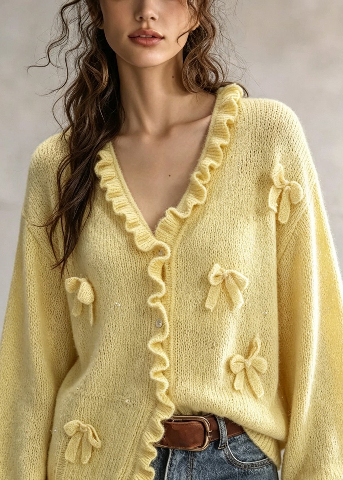 French Yellow Ruffled Bow Patchwork Knit Sweater Cardigans Fall