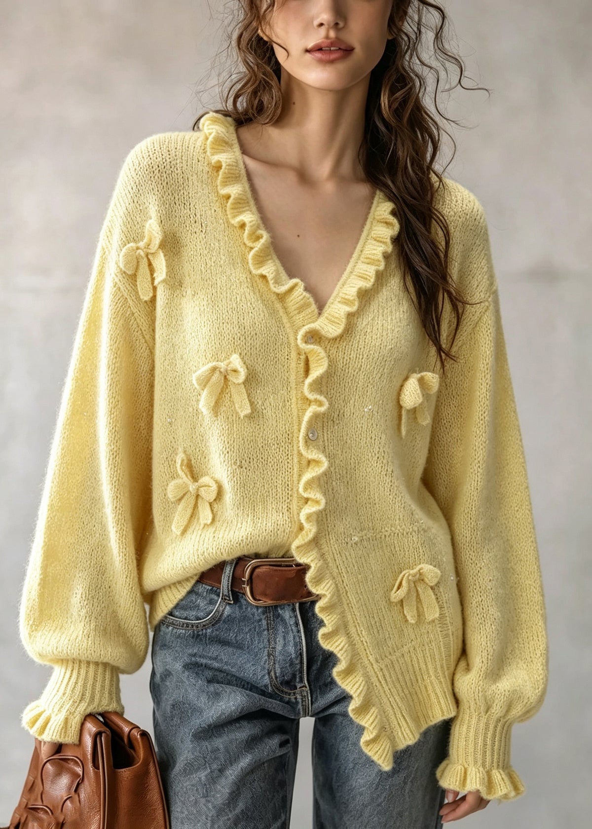French Yellow Ruffled Bow Patchwork Knit Sweater Cardigans Fall