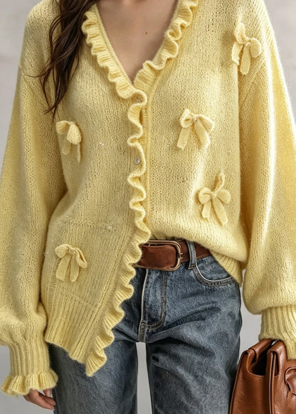 French Yellow Ruffled Bow Patchwork Knit Sweater Cardigans Fall