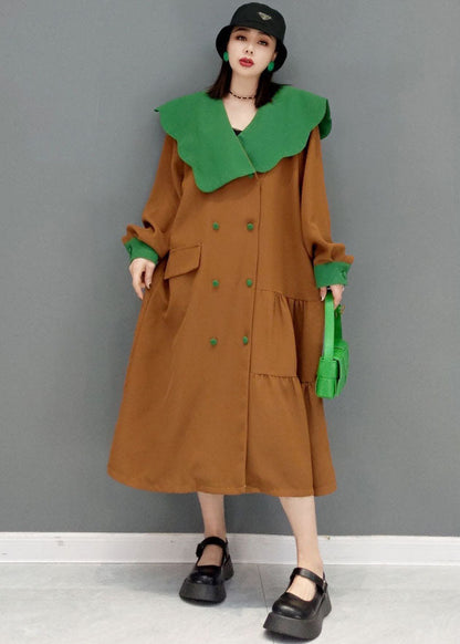 French Yellow Ruffled Patchwork Wrinkled Bouble Breast Long Dress Long Sleeve