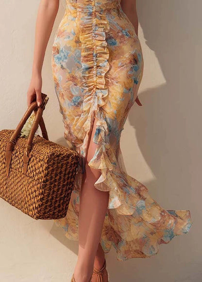 French Yellow Ruffled Print Patchwork Chiffon Dresses Summer