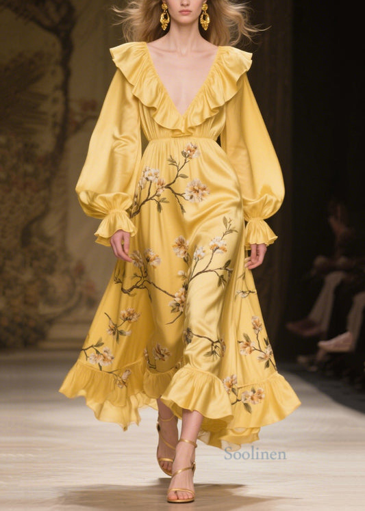 French Yellow Ruffled Print Silk Party Dress Fall