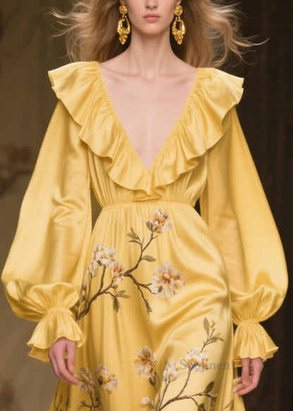 French Yellow Ruffled Print Silk Party Dress Fall