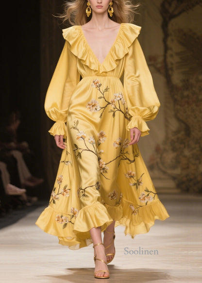 French Yellow Ruffled Print Silk Party Dress Fall