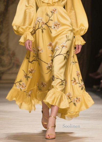 French Yellow Ruffled Print Silk Party Dress Fall