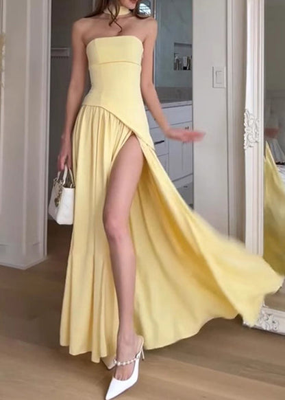 French Yellow Side Open Patchwork Strapless Dress Summer