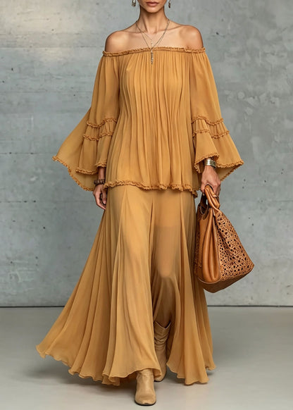 French Yellow Slash Neck Patchwork Chiffon Women Sets 2 Pieces Summer