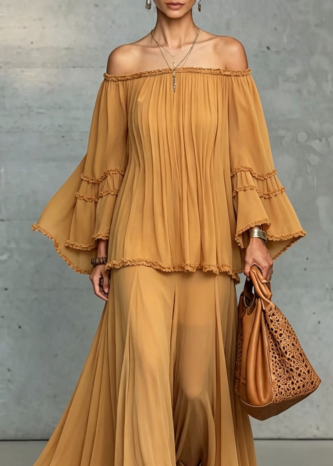 French Yellow Slash Neck Patchwork Chiffon Women Sets 2 Pieces Summer