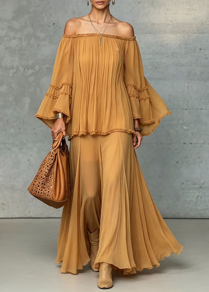 French Yellow Slash Neck Patchwork Chiffon Women Sets 2 Pieces Summer