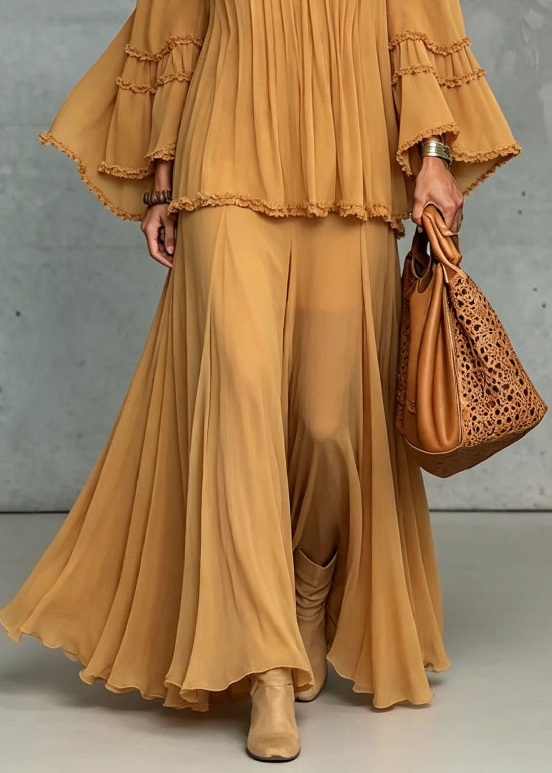 French Yellow Slash Neck Patchwork Chiffon Women Sets 2 Pieces Summer