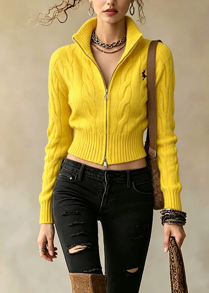 French Yellow Stand Collar Zip Up Embroidered Knit Sweaters Coat Fall