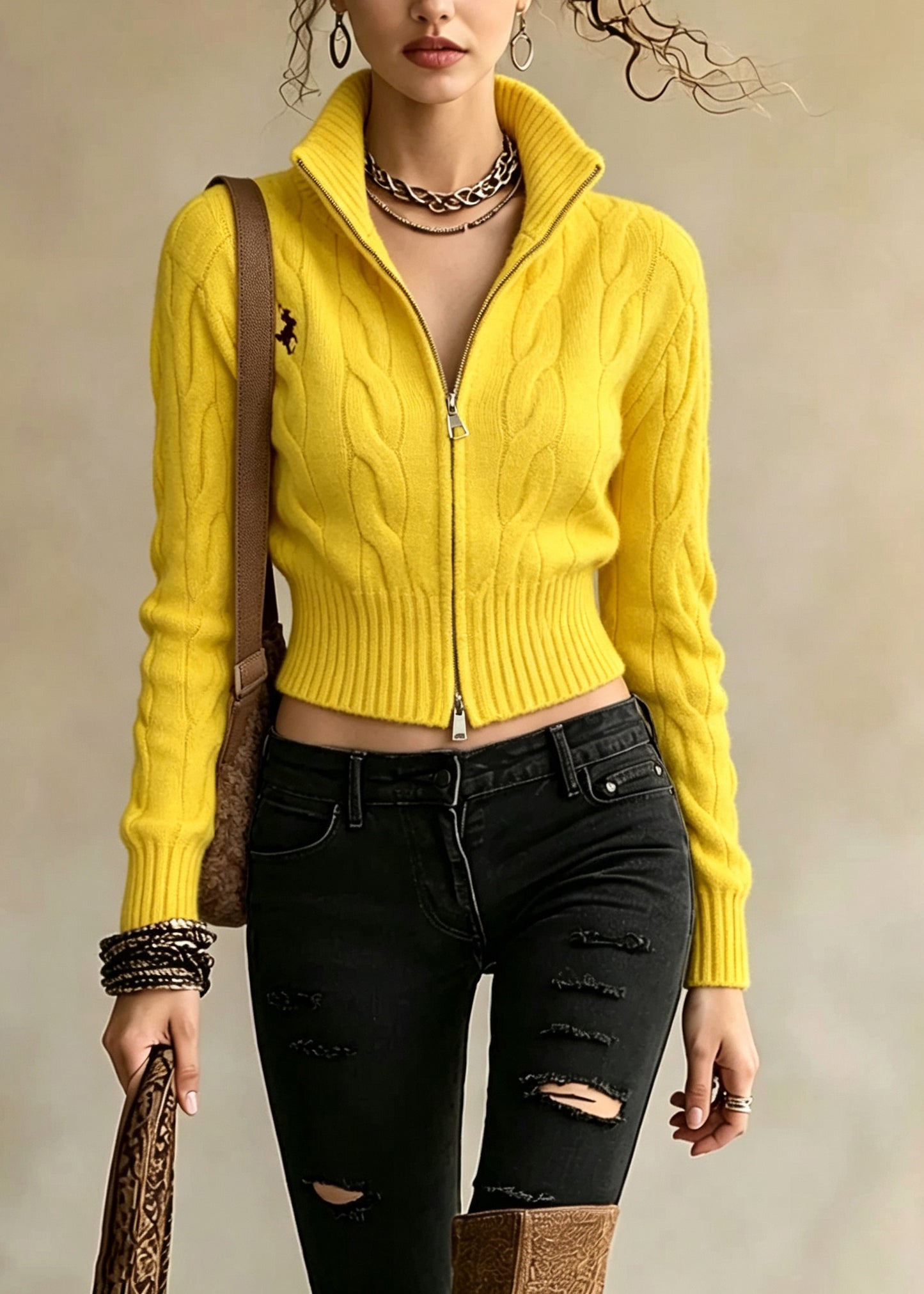 French Yellow Stand Collar Zip Up Embroidered Knit Sweaters Coat Fall
