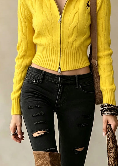 French Yellow Stand Collar Zip Up Embroidered Knit Sweaters Coat Fall