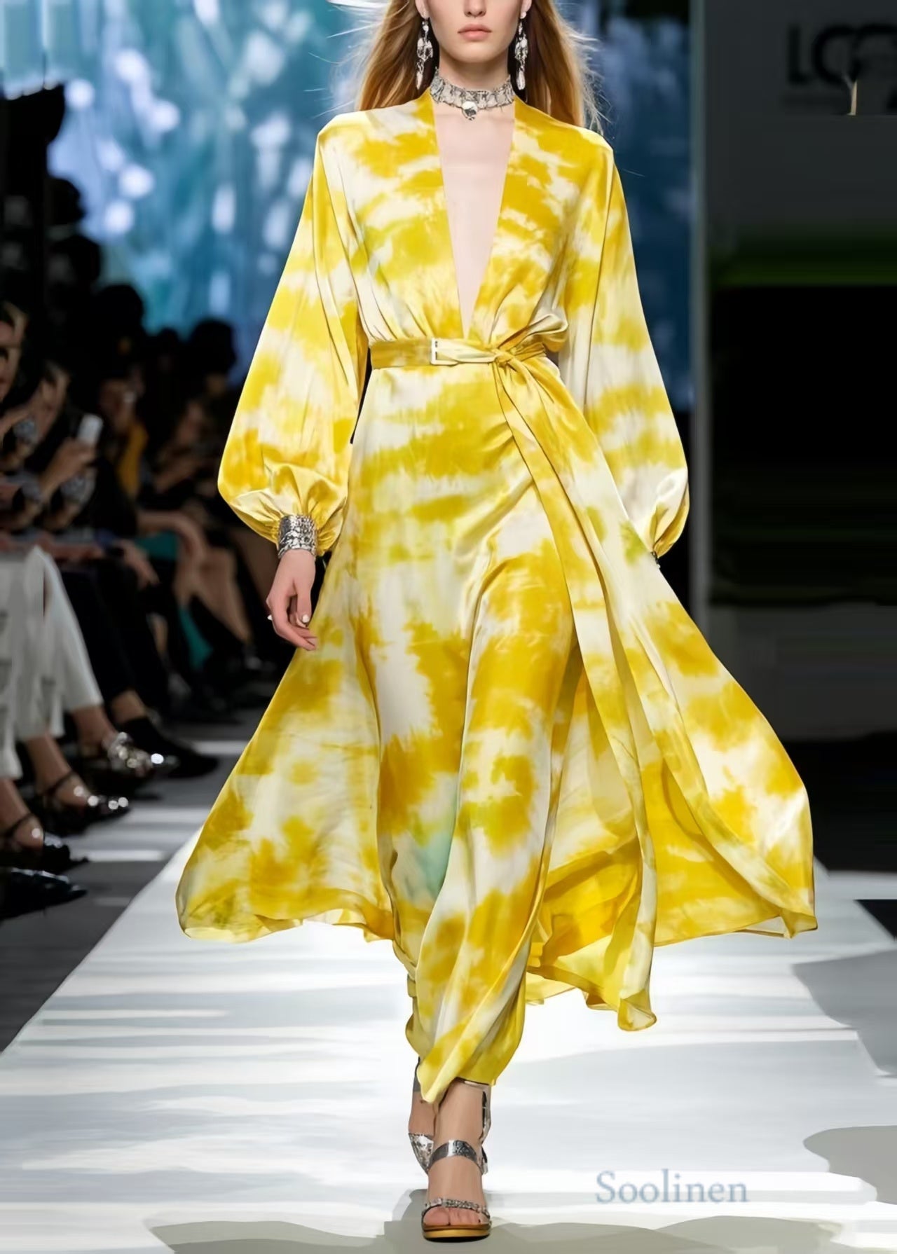 French Yellow Tie Dye Exra Large Hem Chiffon Tunic Dress Spring