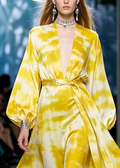 French Yellow Tie Dye Exra Large Hem Chiffon Tunic Dress Spring