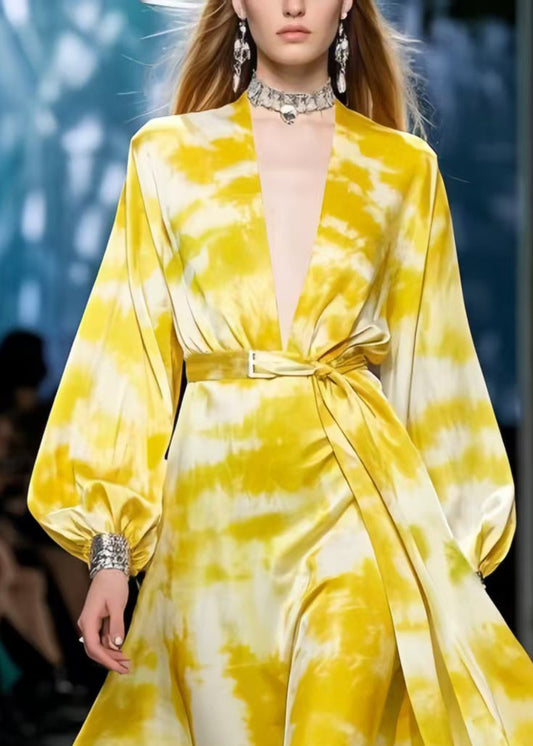 French Yellow Tie Dye Exra Large Hem Chiffon Tunic Dress Spring