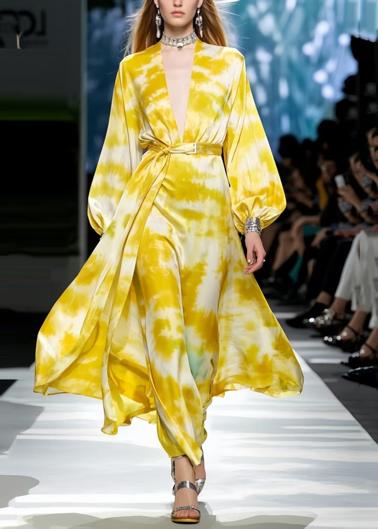 French Yellow Tie Dye Exra Large Hem Chiffon Tunic Dress Spring