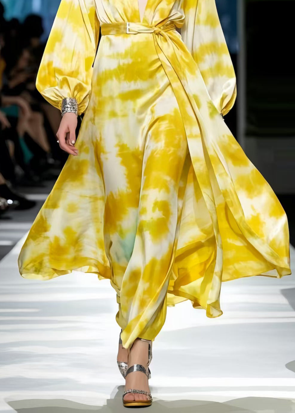 French Yellow Tie Dye Exra Large Hem Chiffon Tunic Dress Spring