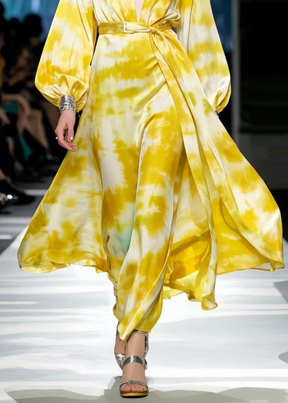 French Yellow Tie Dye Exra Large Hem Chiffon Tunic Dress Spring