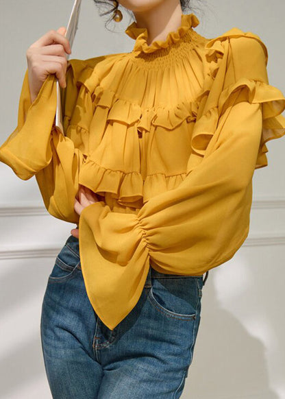 French Yellow Turtleneck Ruffled Top Flare Sleeve