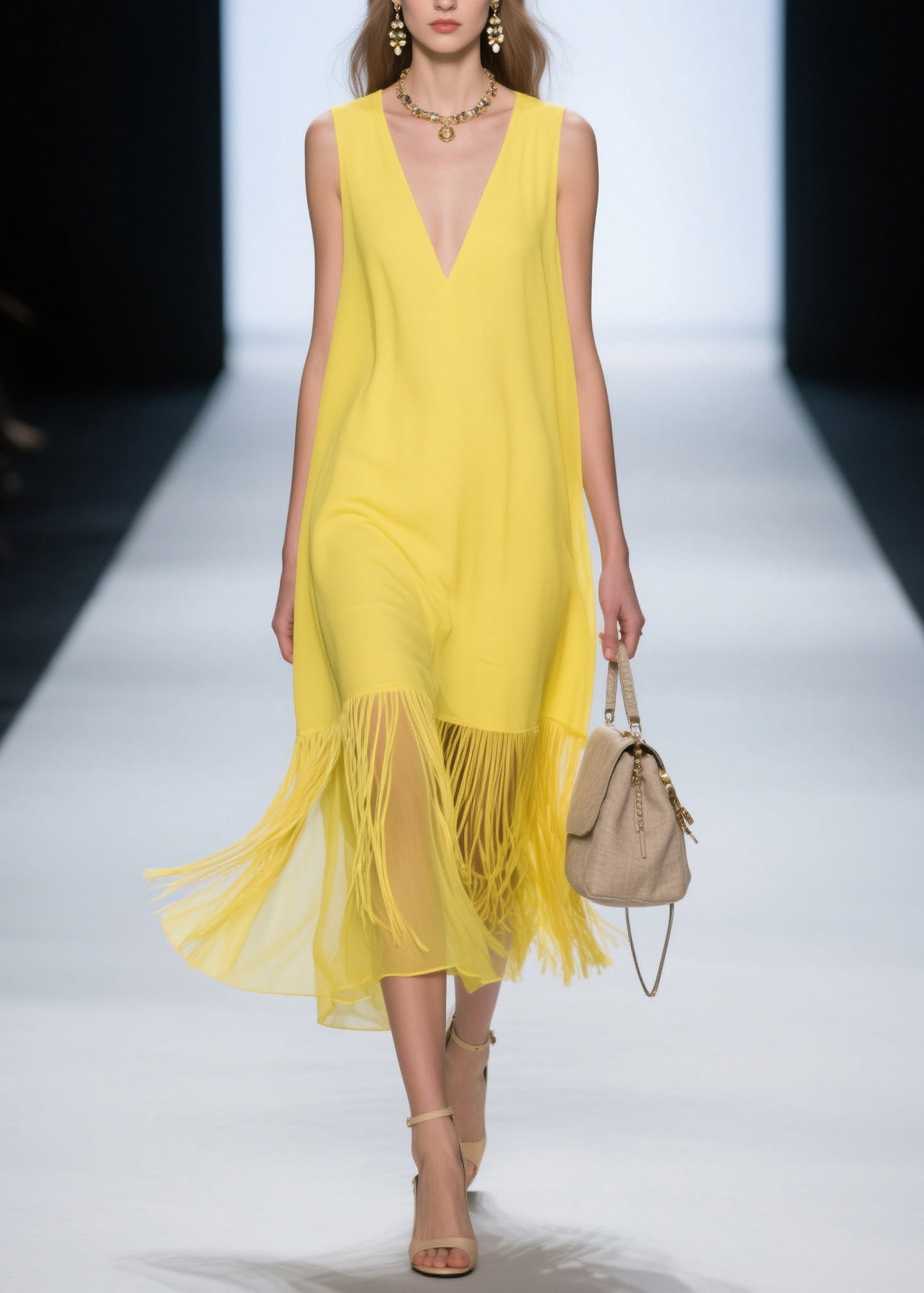 French Yellow V Neck Patchwork Cotton Dress Sleeveless