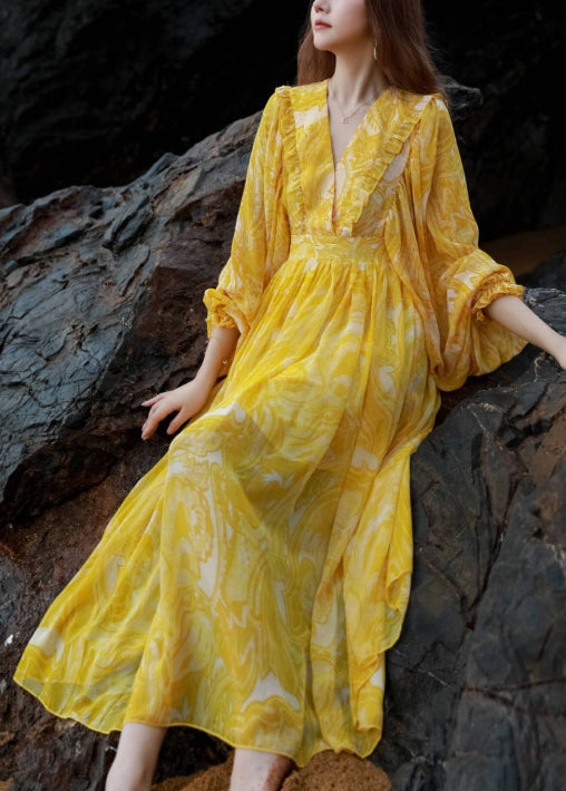 French Yellow V Neck Print Tie Waist Chiffon Maxi Dresses Lantern Sleeve