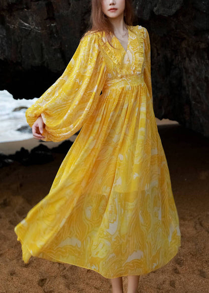 French Yellow V Neck Print Tie Waist Chiffon Maxi Dresses Lantern Sleeve