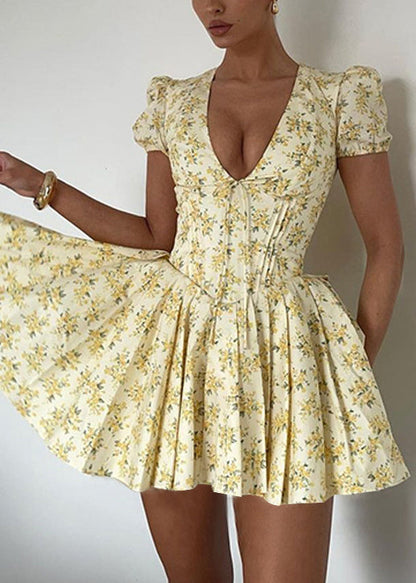 French Yellow V Neck Puff Sleeve Print Patchwork Cotton Dress