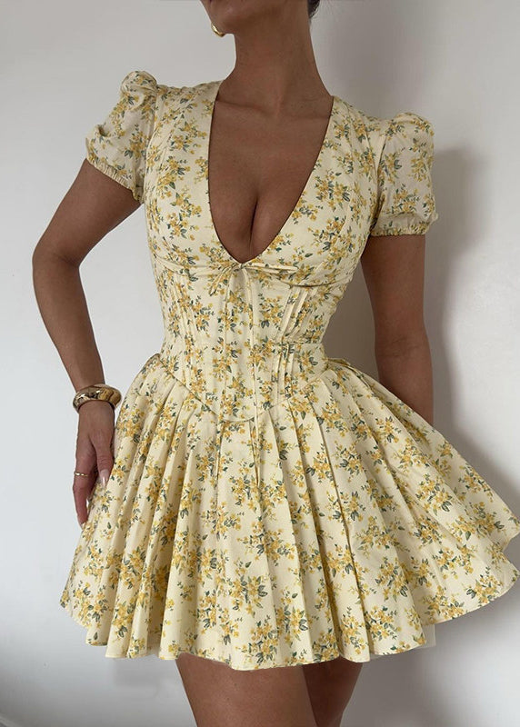 French Yellow V Neck Puff Sleeve Print Patchwork Cotton Dress