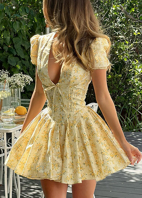 French Yellow V Neck Puff Sleeve Print Patchwork Cotton Dress