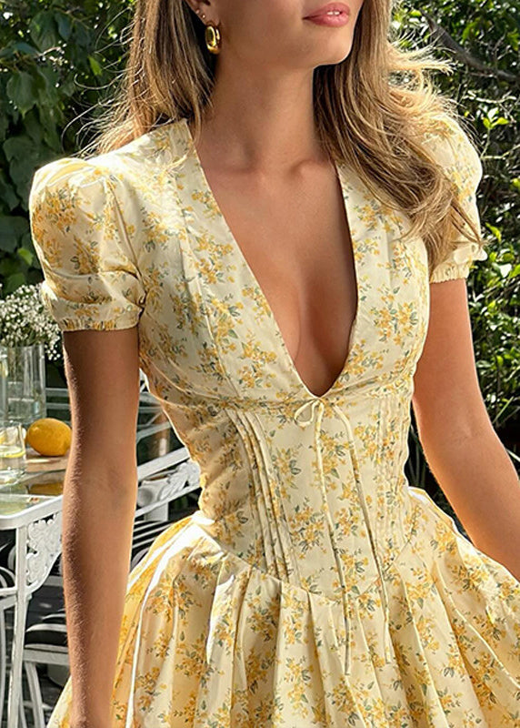French Yellow V Neck Puff Sleeve Print Patchwork Cotton Dress