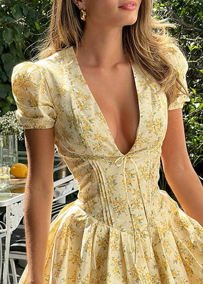 French Yellow V Neck Puff Sleeve Print Patchwork Cotton Dress