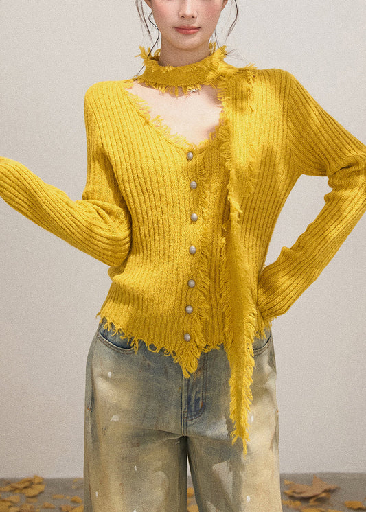 French Yellow V Neck Tasseled Knitted Tops Fall