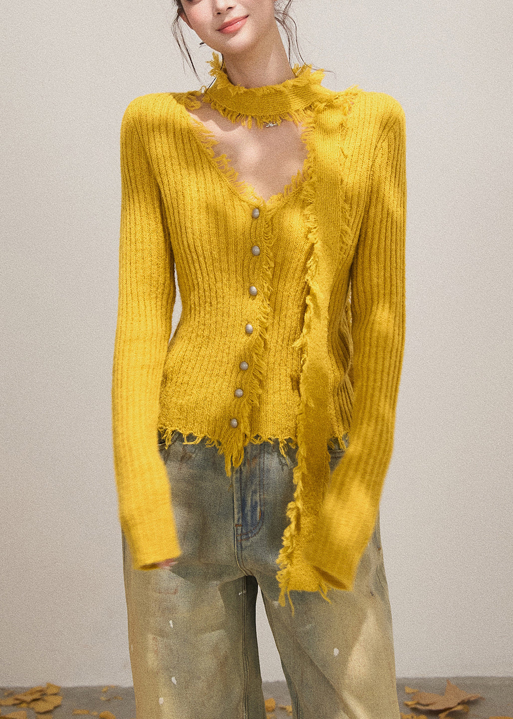 French Yellow V Neck Tasseled Knitted Tops Fall