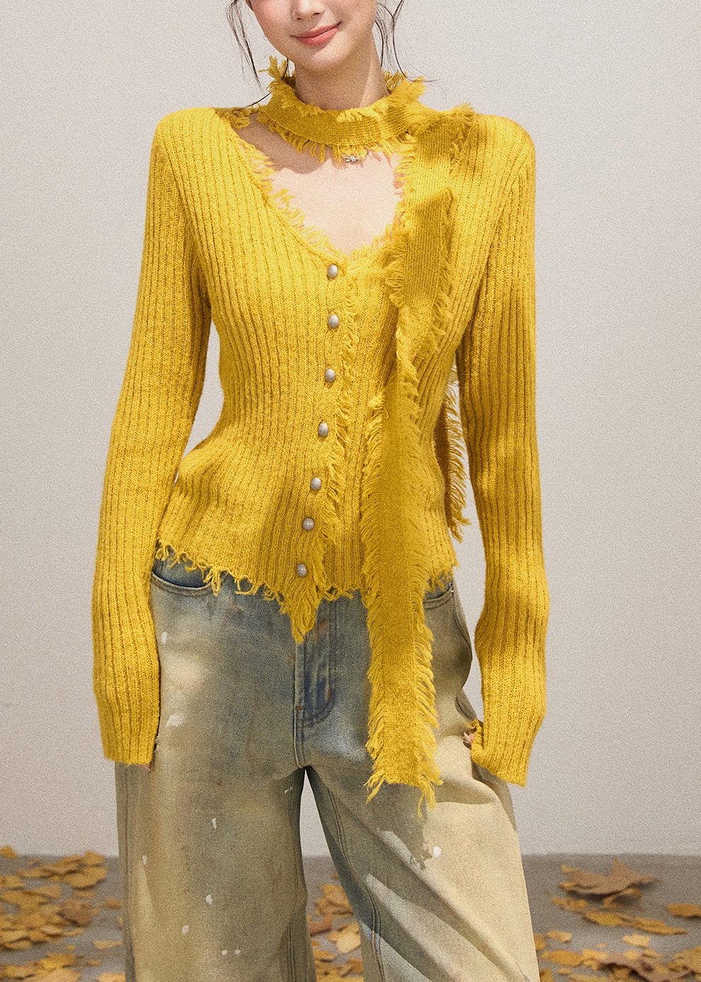 French Yellow V Neck Tasseled Knitted Tops Fall