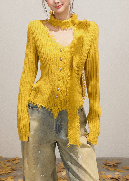 French Yellow V Neck Tasseled Knitted Tops Fall