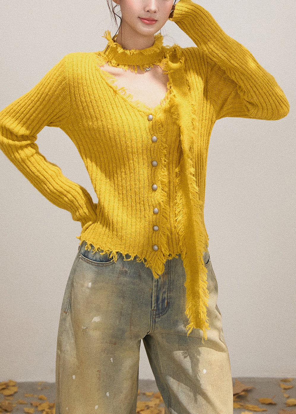 French Yellow V Neck Tasseled Knitted Tops Fall