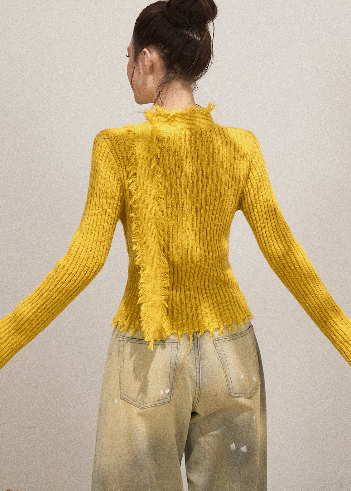 French Yellow V Neck Tasseled Knitted Tops Fall
