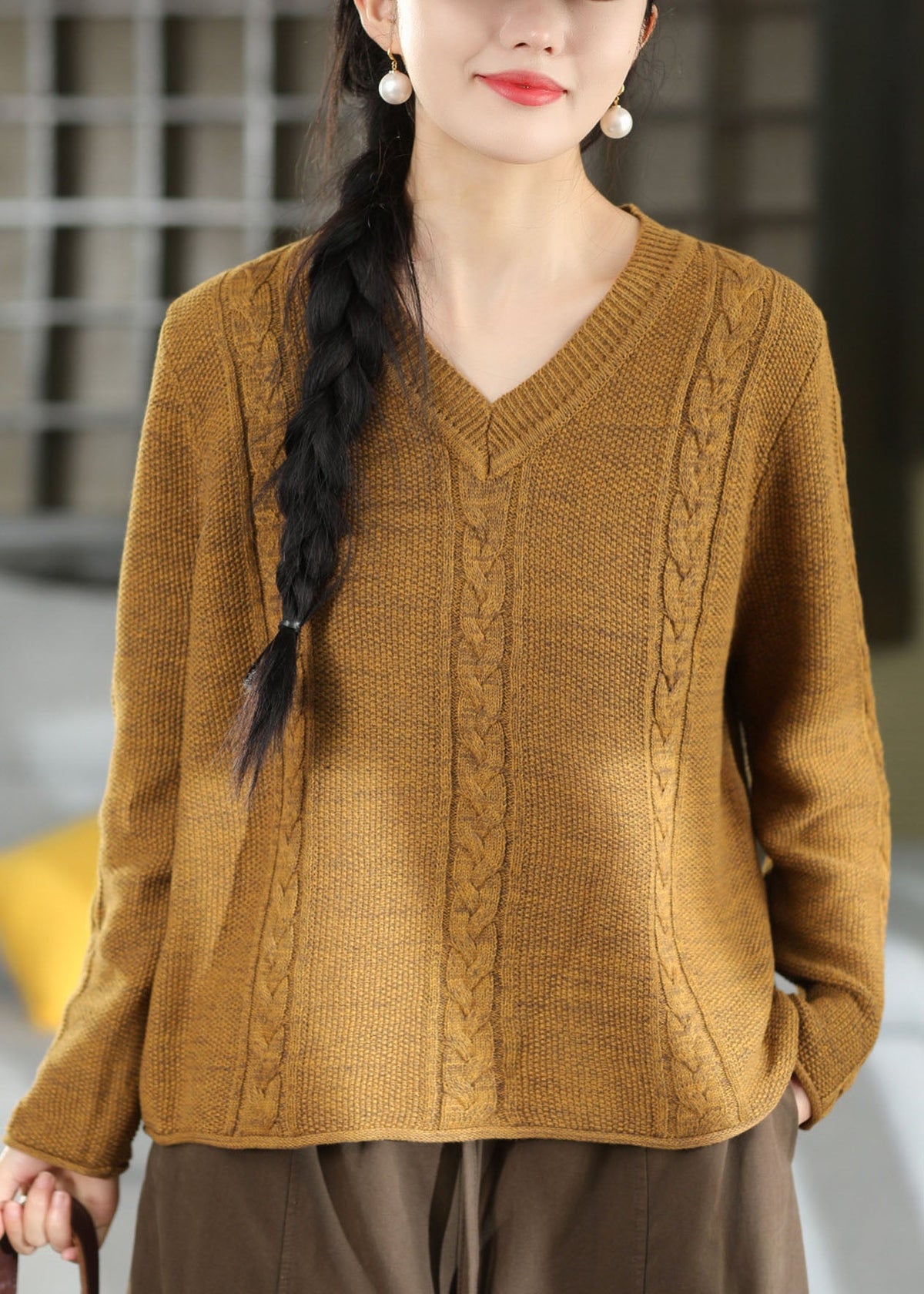 French Yellow V Neck Warm Knit Loose Sweaters Winter