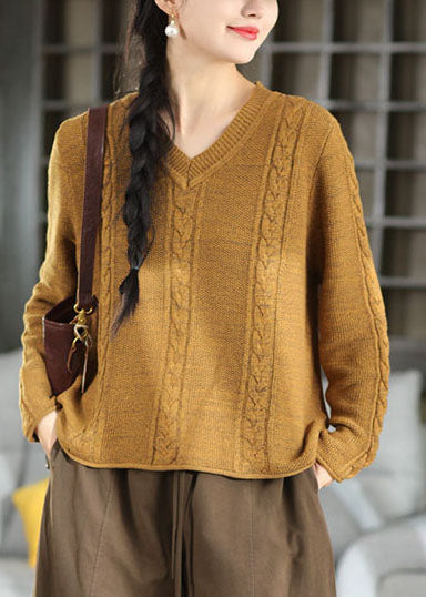 French Yellow V Neck Warm Knit Loose Sweaters Winter